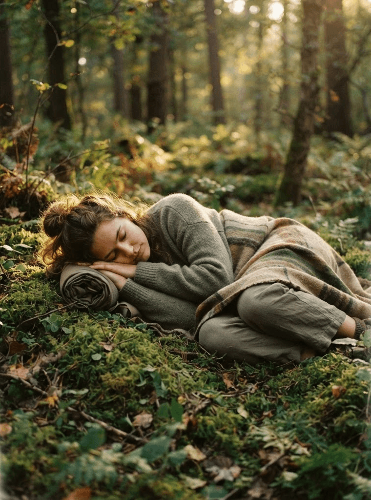 A person resting curled on a soft, mossy forest floor in dappled dusk light.