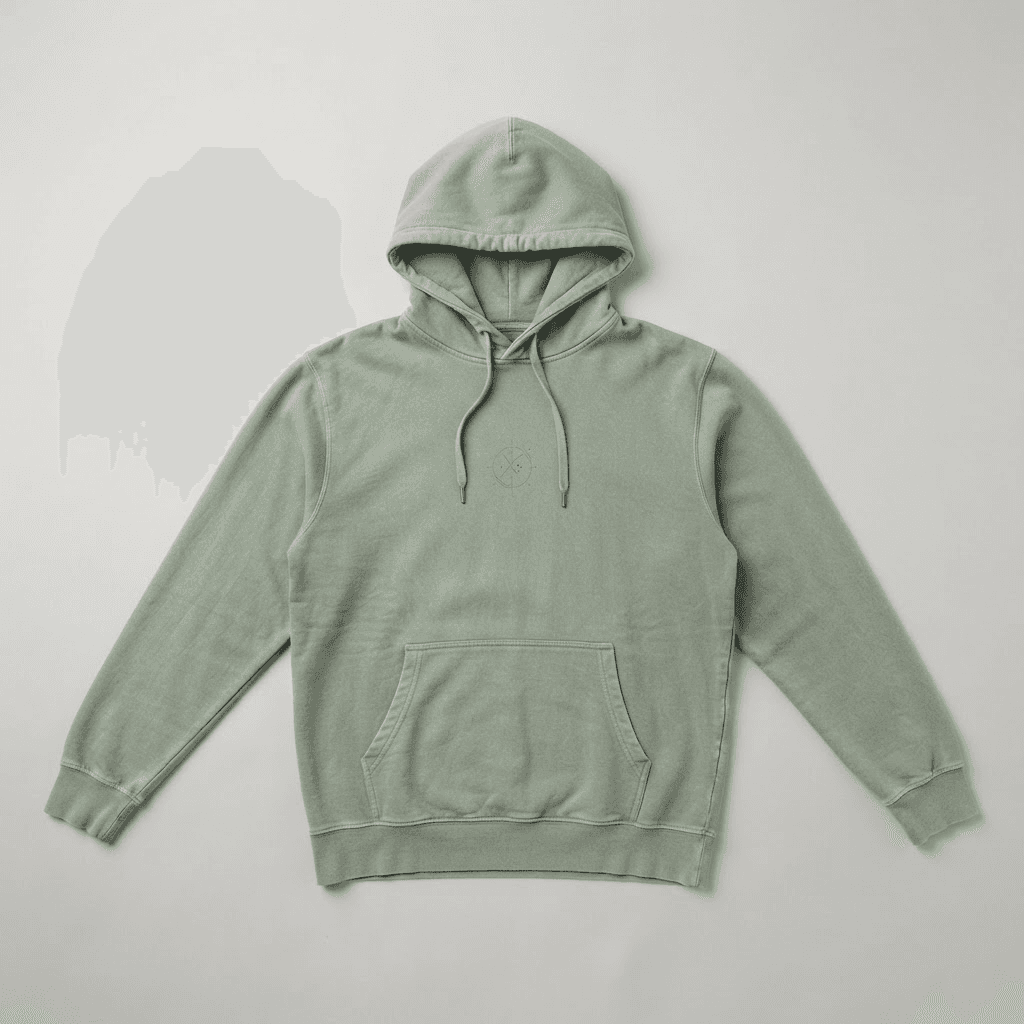 A washed sage-green hoodie laid flat on a pale grey ground.