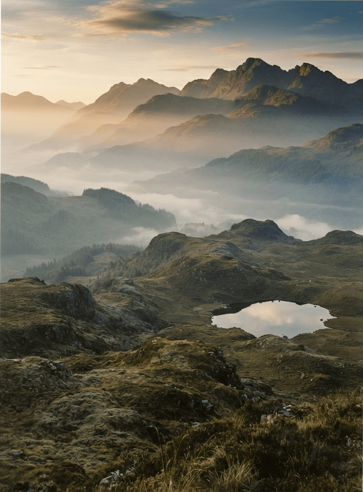 A misty mountain landscape at dawn with layered fog.