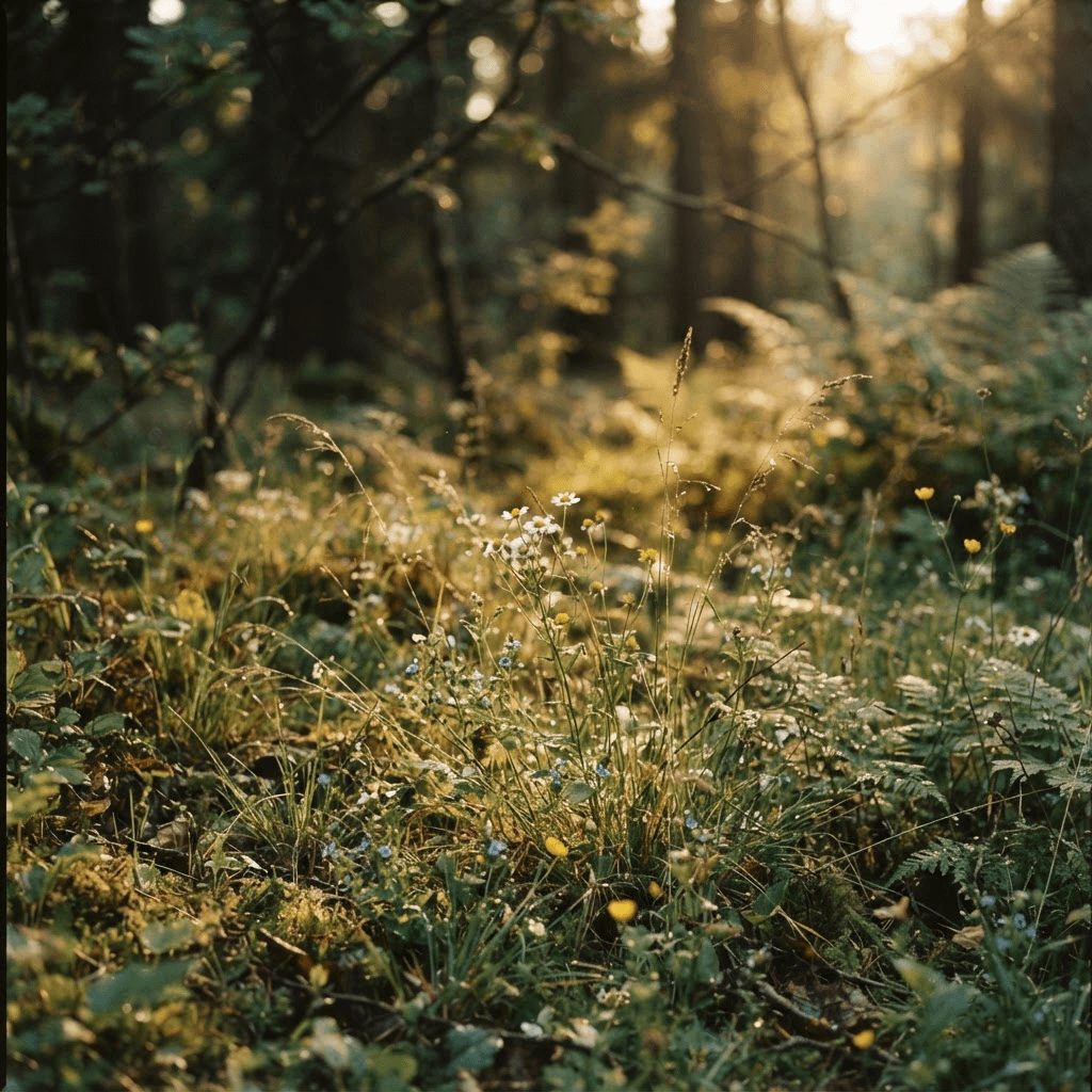 Dewy grass and wildflowers on a forest floor in soft dusk light.