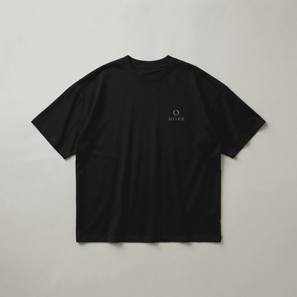 A black oversized cotton t-shirt laid flat on a pale grey ground.