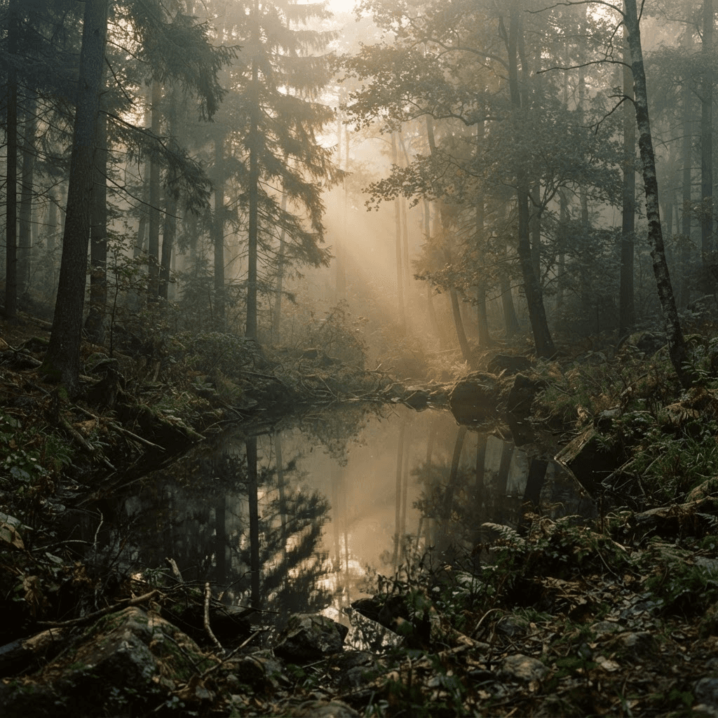 A misty forest pool at dawn with warm light filtering through the trees.